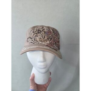 KB Ethos Cadet Hat Women OS Tan Rhinestone Cross Embroidered Military Cap